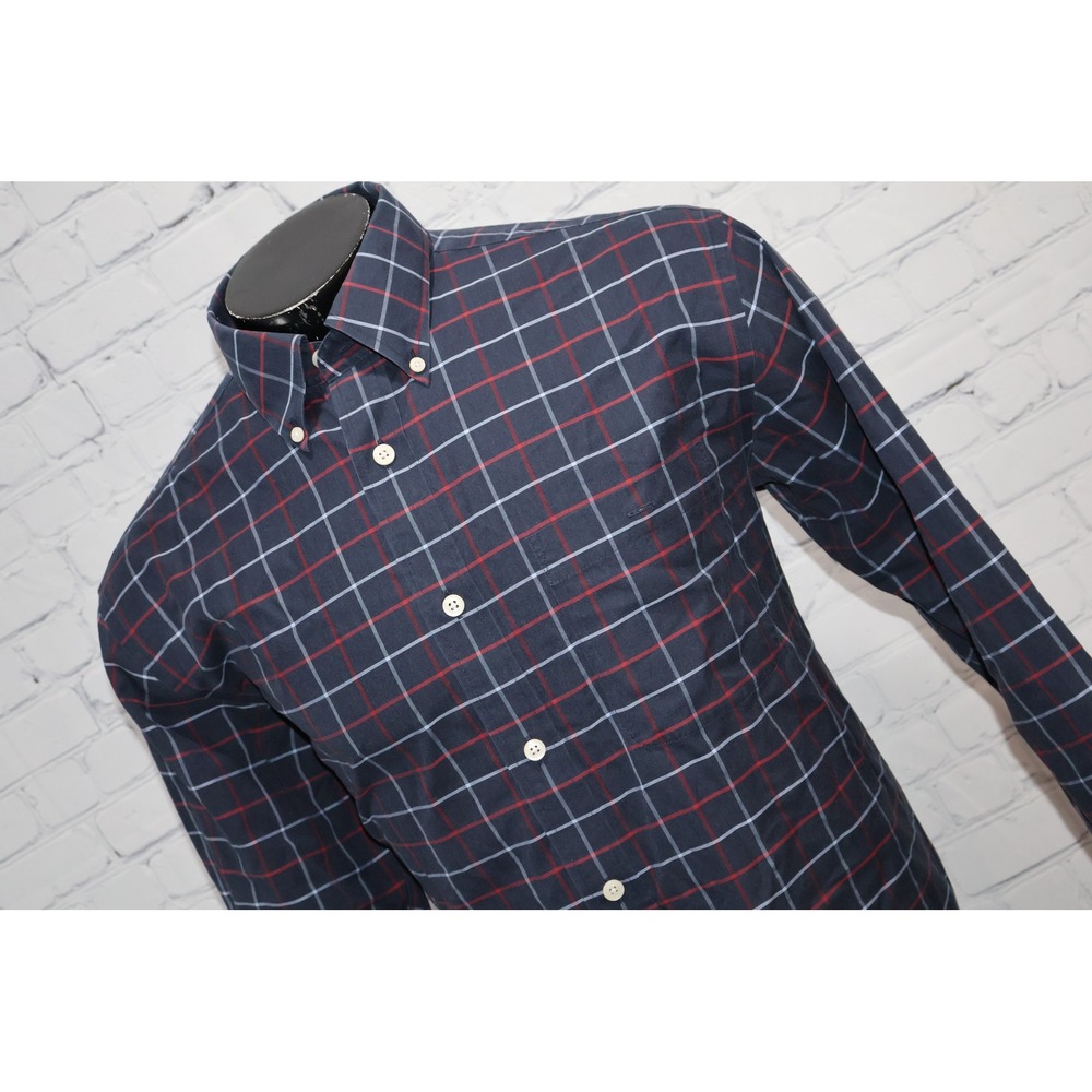 Orvis Button Down Shirt Mens Large Navy Blue Plaid Long Sleeve Cotton